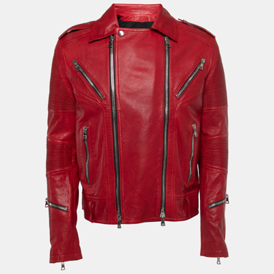 Pre-owned Balmain Red Distressed Leather Moto Biker Jacket L