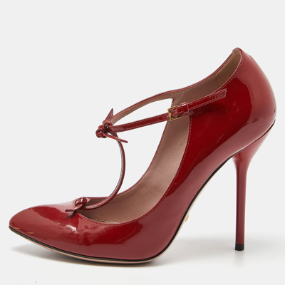 Pre-owned Gucci Red Patent Leather Knotted Bow T-strap Pumps Size 36
