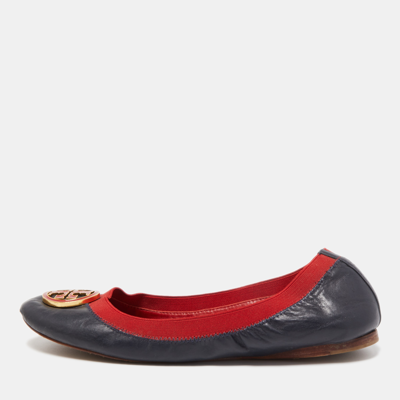 Pre-owned Tory Burch Navy Blue/red Leather Caroline Scrunch Ballet Flats Size 40.5