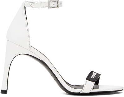 Coperni White Patent Skinny Strap Logo Heeled Sandals In Blue