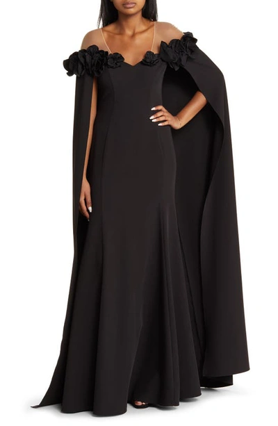 Marchesa Notte Off-shoulder Ruffle Cape Gown In Black
