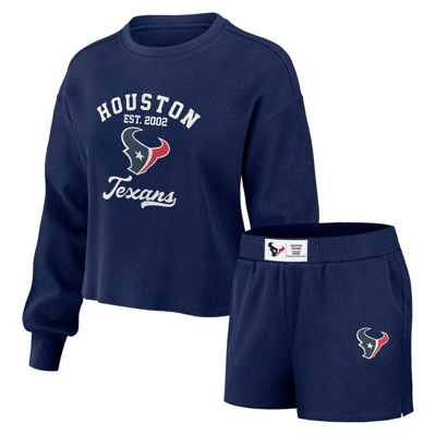 Wear By Erin Andrews Women's  Navy Distressed Houston Texans Waffle Knit Long Sleeve T-shirt And Shor