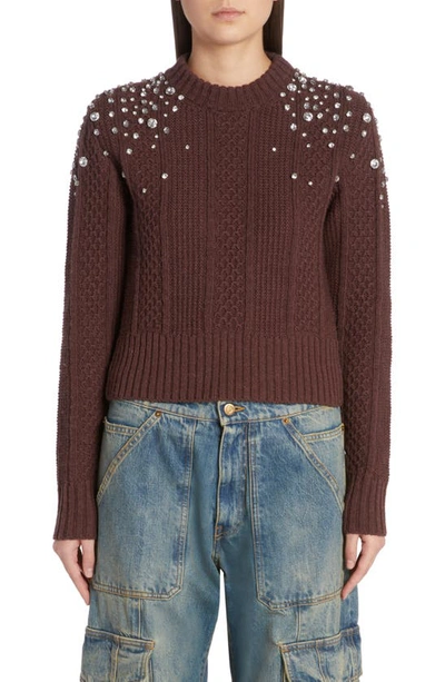 Golden Goose Crew Neck Aran Virgin Wool Sweater With Crystals In Red
