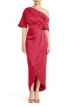 Theia Rayna Draped One-shoulder High-low Gown In Ruby