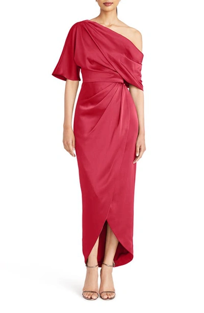 Theia Rayna Draped One-shoulder High-low Gown In Ruby