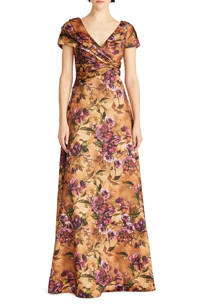 Theia Women's Nina Twisted & Draped Floral Satin A-line Gown In Gilded Poppies