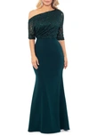 BETSY & ADAM ONE-SHOULDER SEQUIN LACE MIXED MEDIA GOWN