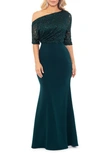 Betsy & Adam One-shoulder Sequin Lace Mixed Media Gown In Pine