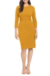 London Times Button Waist 3/4 Sleeve Sheath Dress In Mustard