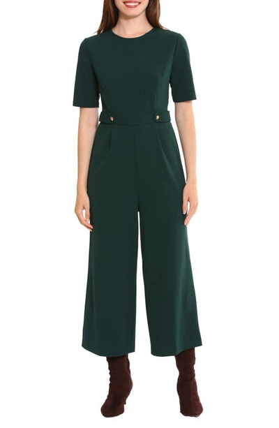 London Times Short Sleeve Waist Tab Crop Jumpsuit In Emerald