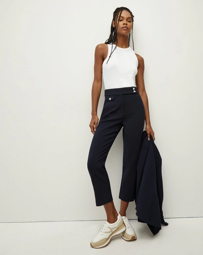 Veronica Beard Marbeau Pleated Crepe Wide-leg Pants In Navy With Silver Buttons