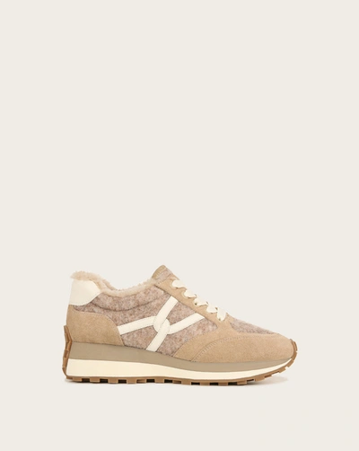 Veronica Beard Valentina Mixed Leather Wool Retro Sneakers In Sand