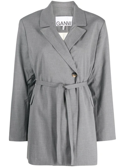 Ganni Double-breasted Belted Blazer In Grey