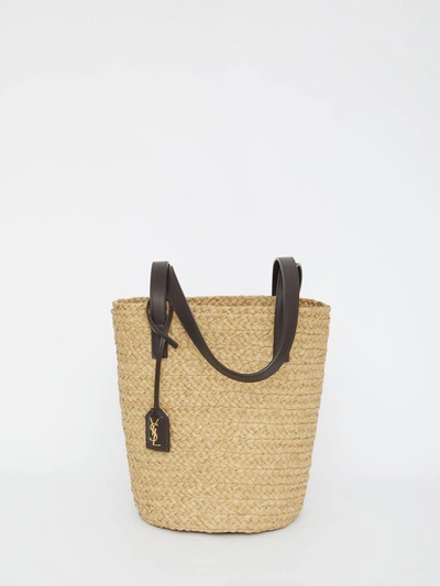 Saint Laurent Panier Small Leather-trimmed Raffia Tote In Brown