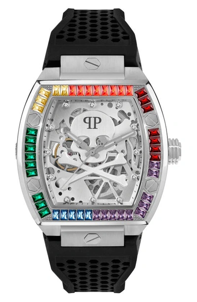 PHILIPP PLEIN THE SKELETON SILICONE STRAP WATCH, 44MM