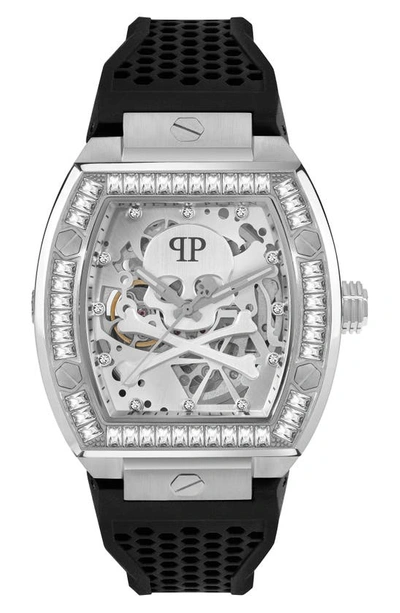 PHILIPP PLEIN THE SKELETON SILICONE STRAP WATCH, 44MM