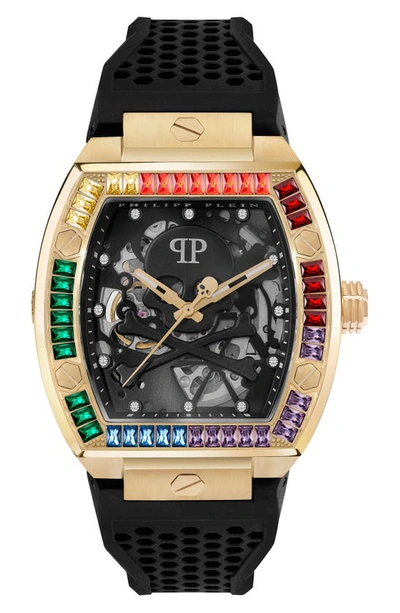 PHILIPP PLEIN THE SKELETON SILICONE STRAP WATCH, 44MM