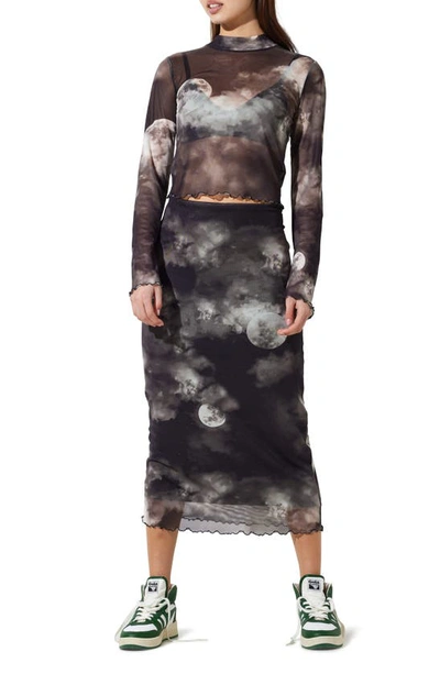 Noisy May Luna Sheer Lettuce Edge Long Sleeve Top In Black Aop Moon