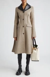 JW ANDERSON CHECK COTTON & WOOL BLEND A-LINE COAT WITH REMOVABLE LEATHER TRIM