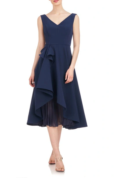 Kay Unger Begonia Crepe & Chiffon Midi A-line Dress In Dark Midnight