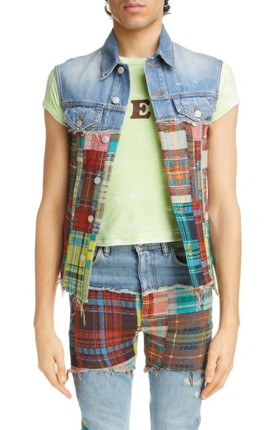 Acne Studios Denim Tartan Patchwork Vest In Mid Blue