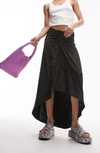 Topshop Textured Slinky Ruched Front Jersey Midi Skirt In Black In Black