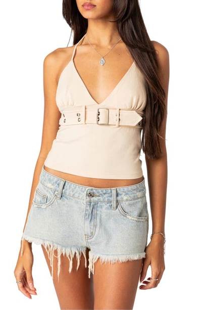 Edikted Birdie Belted Crop Halter Top In Beige