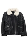 Urban Republic Kids' Peplum Faux Leather Moto Jacket With Faux Shearling Trim In Black