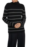 Vince Stripe Shaker Stitch Wool Blend Mock Neck Sweater In Black/ Heather Ecru