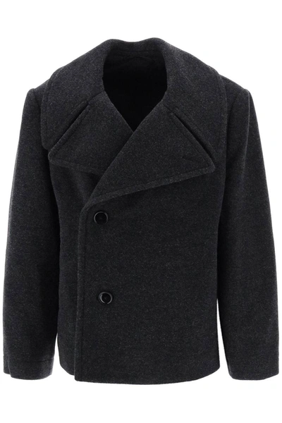 Lemaire Double-breasted Peacoat In Melange Wool In Grey