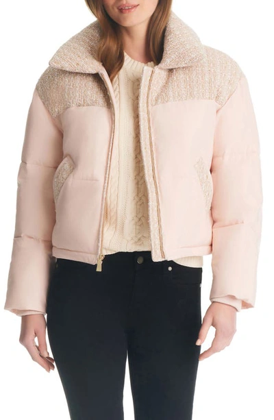 Kate Spade Crop Tweed Mix Media Puffer Jacket In Light Pink