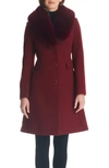 Kate Spade Single Breasted Coat With Faux Fur Collar In Deep Lipstick