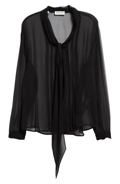 Saint Laurent Tie-neck Pintucked Silk-voile Shirt In Nero