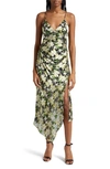 ALICE AND OLIVIA SHAWNA FLORAL SIDE RUCHED ASYMMETRIC SLIPDRESS