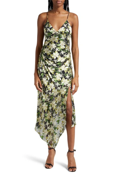 Alice And Olivia Shawna Side-ruched Asymmetric Slip Dress In Moonlight Floral