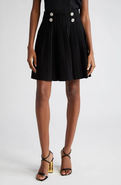 Balmain Double-breasted Rib Knit Flare Mini Skirt In Black