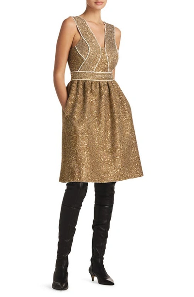 St John Paillette Knit Fit-&-flare Sleeveless Dress In Gold