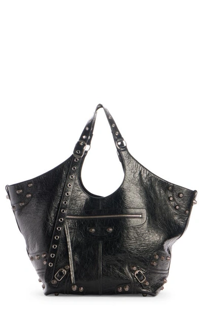 Balenciaga Le Cagole Crinkled Leather Tote Bag In 1000 Black