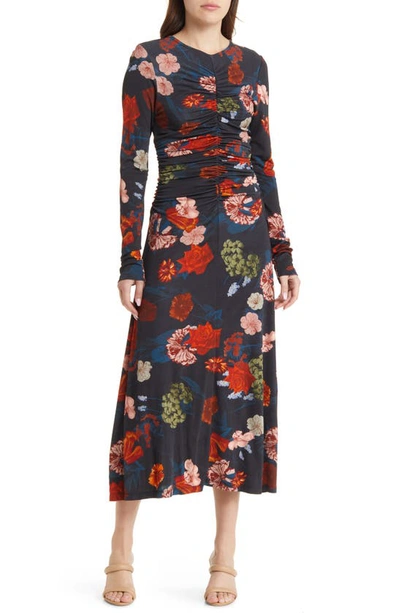 Cara Cara Maisy Long-sleeve Floral Ruched Midi Dress In Black