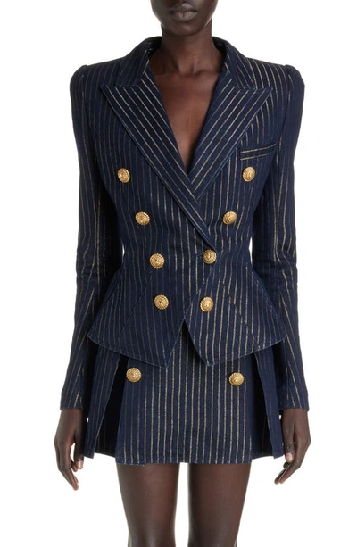 Balmain 8-button Metallic Pinstripe Denim Double-breasted Blazer Jacket In Navy