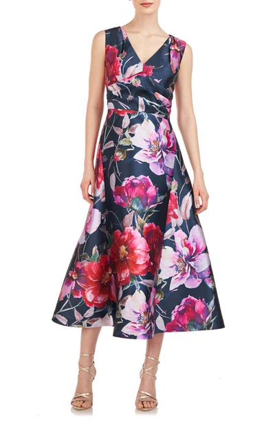Kay Unger Women's Neva Floral Mikado Tea Midi-dress In Raspberry Multi