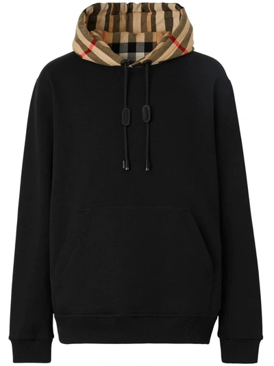 Burberry Check-hood Cotton Hoodie In Black