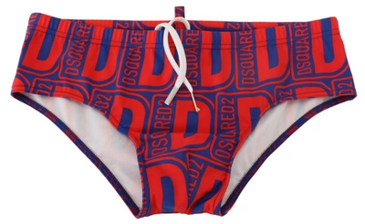 Dsquared² Red Blue Logo Printed Men Swim Brief Swimwear