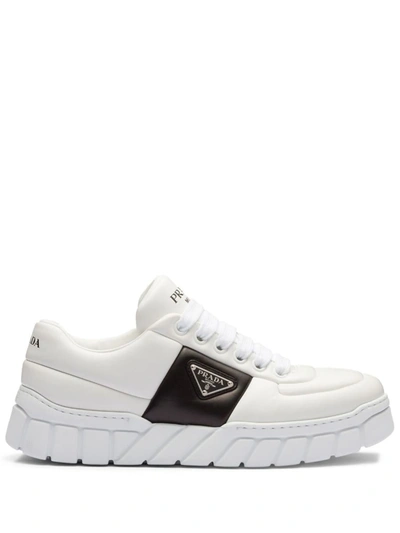 Prada Padded Leather Sneakers In Bianco+nero