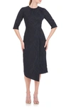 Kay Unger Gloria Asymmetric Floral Jacquard Drape Detail Cocktail Midi Dress In Dark Midnight