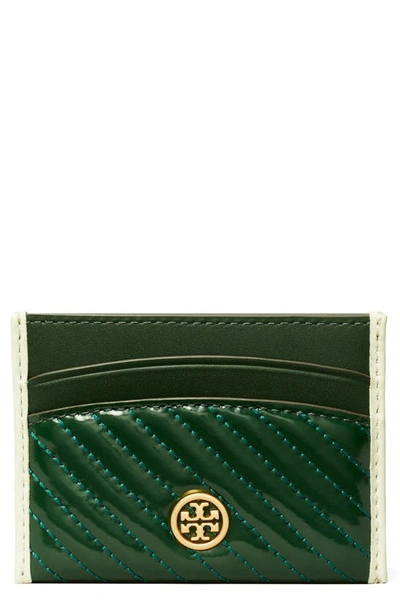 Tory Burch Robinson Patent Quilted Card Case In Pine Tree/gold