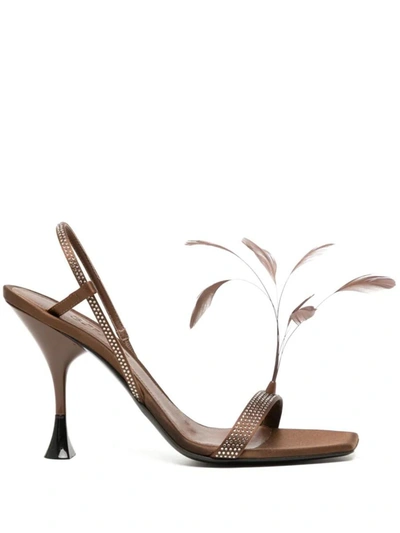 3juin Elettra 100mm Feather-detail Leather Sandals In Brown