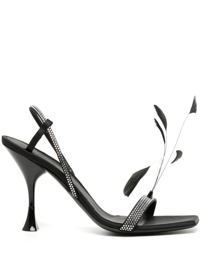 3juin Elettra 100mm Feather-detail Leather Sandals In Black
