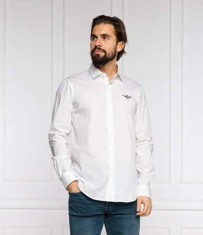 AERONAUTICA MILITARE AERONAUTICA MILITARE SLIM FIT WHITE COTTON SHIRT WITH EAGLE MEN'S LOGO