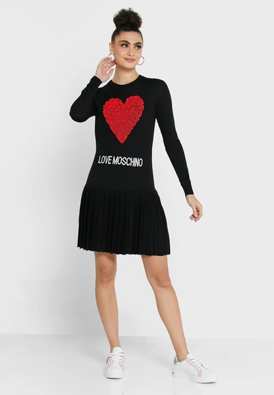 Love Moschino Enchanting Ruched Heart Knit Women's Dress In Black